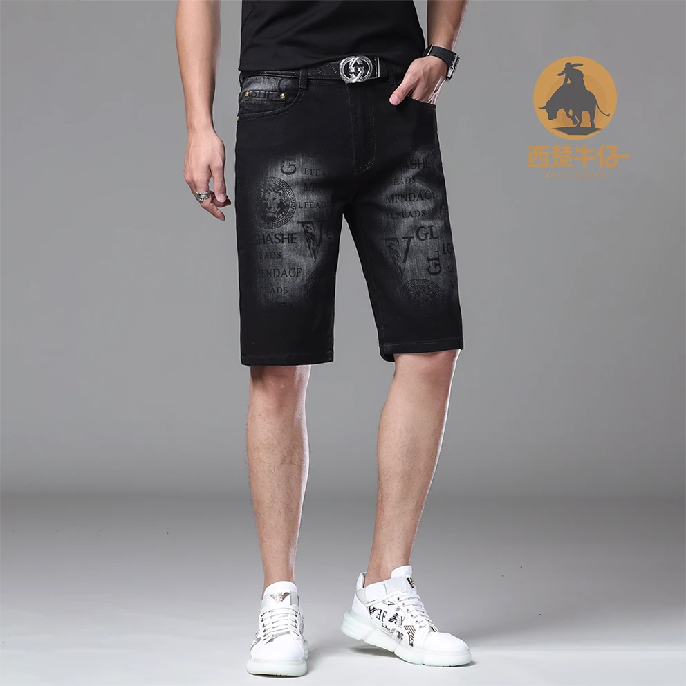 夏季潮流黑灰色印花花纹牛仔短裤男士水洗中裤修身时尚轻奢五分裤