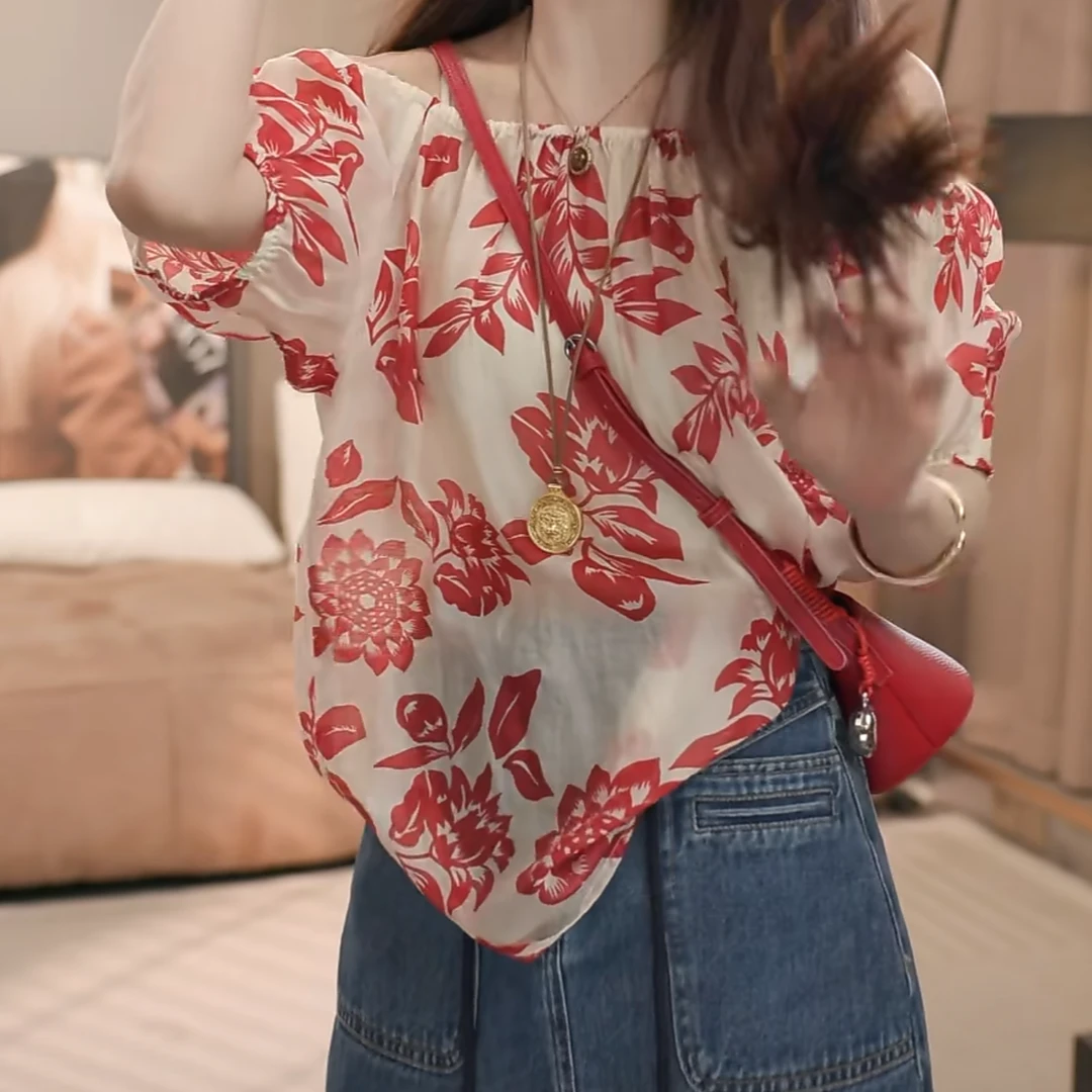 设计感碎花法式宽松薄款气质一字肩小衫2025夏季新款时尚百搭衬衫