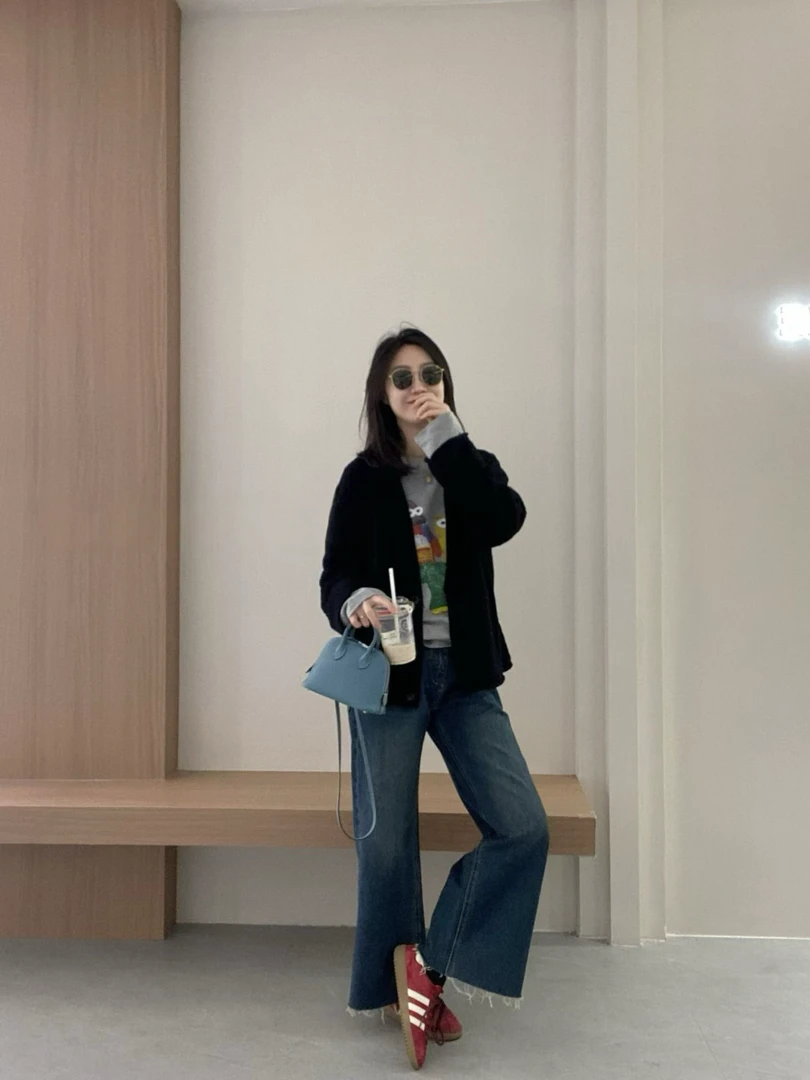 2025早秋新款韩系黑色针织开衫卡通猫狗印花长袖T恤牛仔裤套装