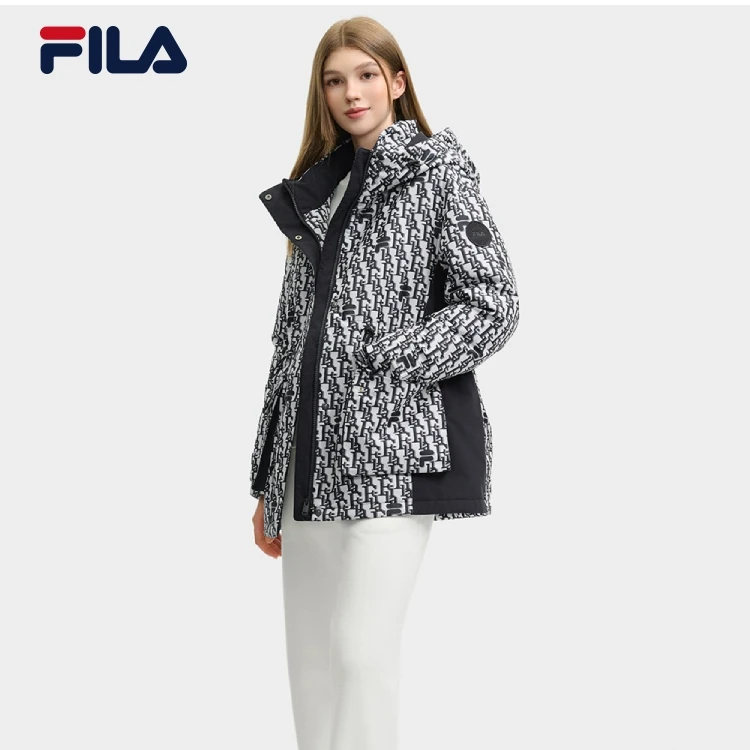 Fila斐乐女冬季新款【轻奢老花】连帽中长款羽绒服