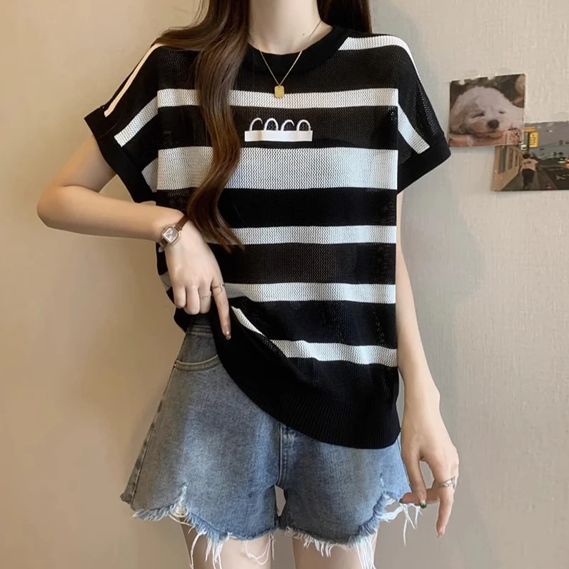 【80-200斤】条纹镂空冰丝短袖女新品设计感撞色飞袖T恤上衣夏装