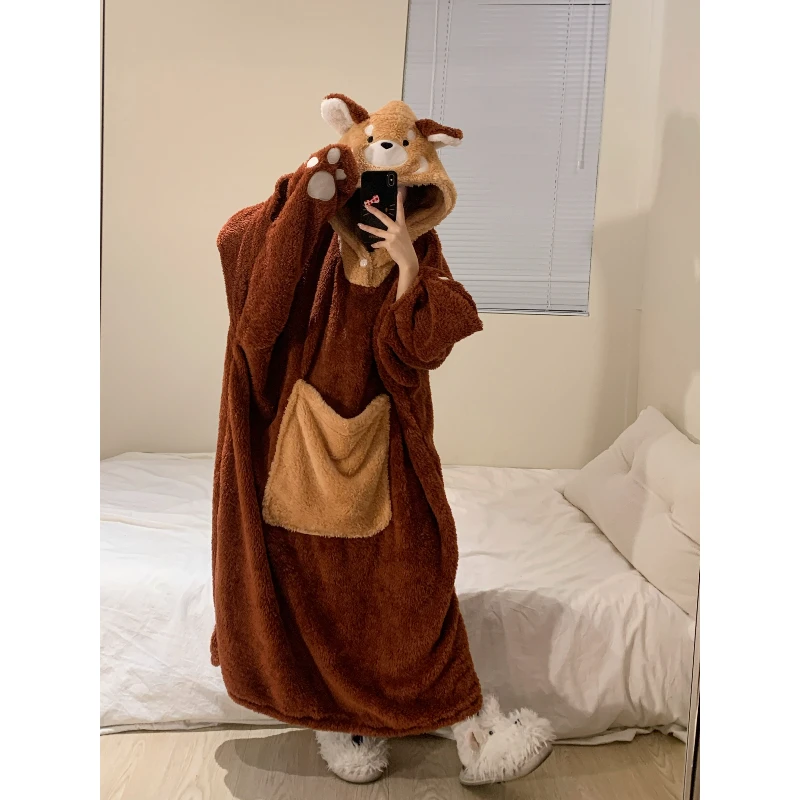 【小熊连帽】可爱珊瑚绒睡衣女款冬季2024加绒加厚睡袍家居服睡裙