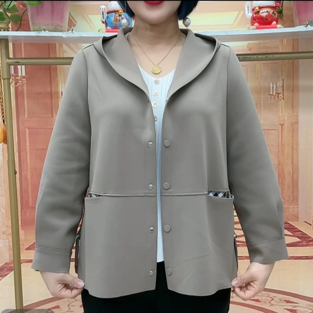 2025新款大码休闲秋款时尚双兜女装连帽外套纽扣开衫中老年妈妈装