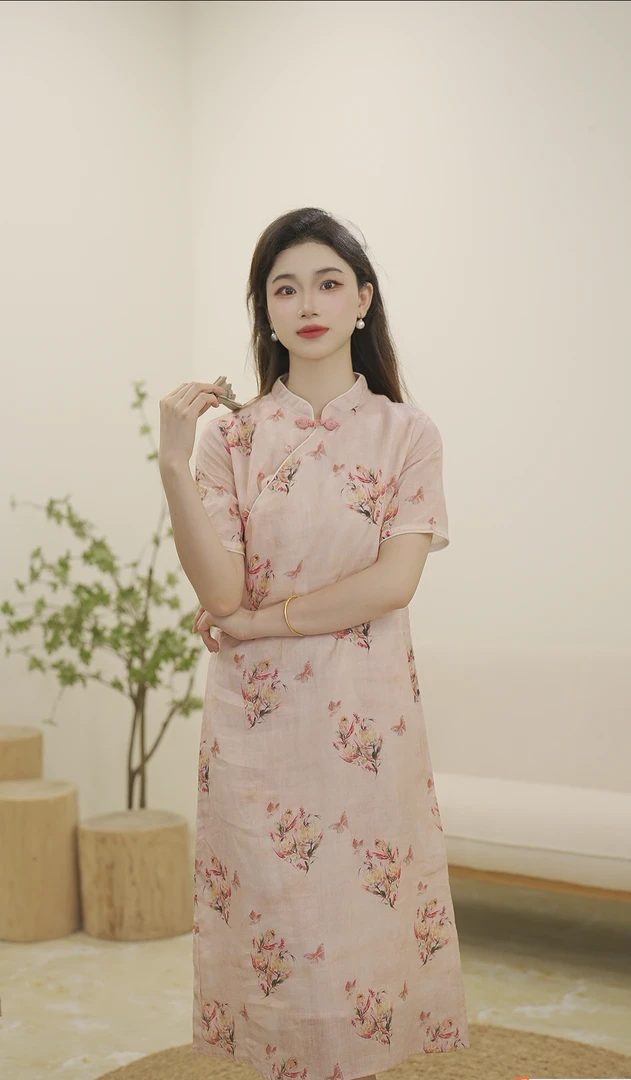 木槿 高端气质连衣裙女夏微胖显瘦宽松苎麻改良版旗袍裙