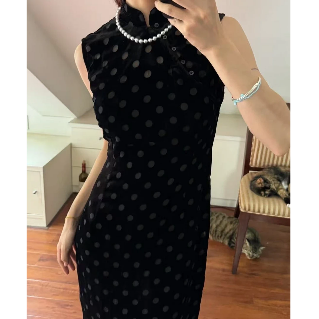 【暮色佳人】绫曦秋季黑色丝绒弹力双层波点新款日常无袖旗袍