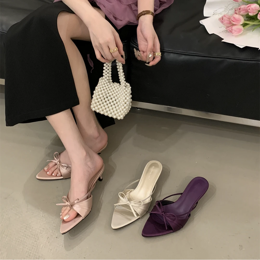 2025夏季新款水钻网纱尖头鱼嘴高跟鞋细跟性感一字外穿凉拖鞋半拖