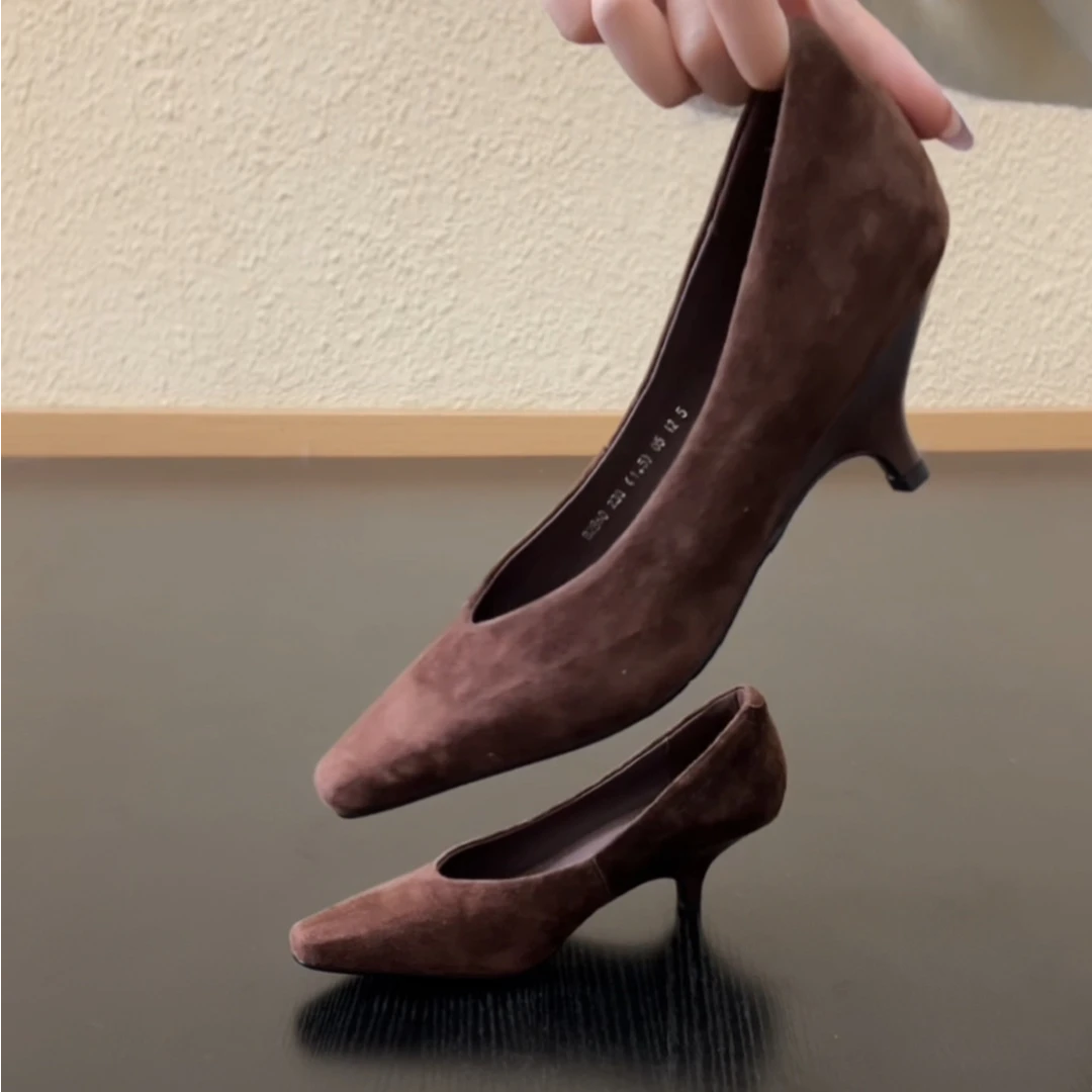 Elingjk/4.5cm方头气质秋冬款高跟鞋法式细跟高跟鞋春秋