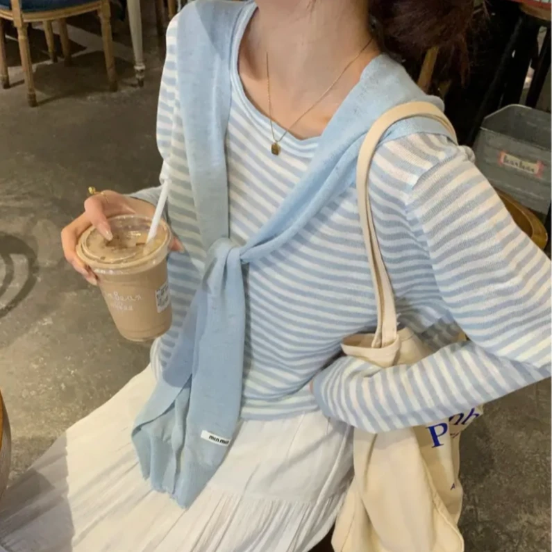 韩系披肩条纹针织衫两件套女2025春季新款高级感宽松休闲打底上衣