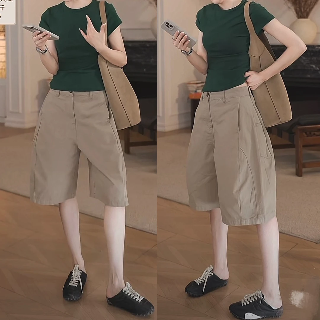 ADUOSTUDIO  100棉 复古纯色基础款工装立裁休闲气球五分裤