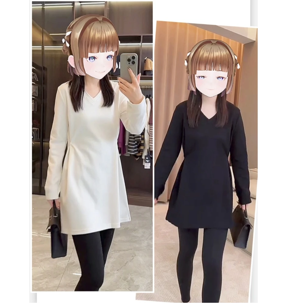 气质扣子中长款T恤V领长袖套头设计开叉轻职风显瘦收腰外穿百搭