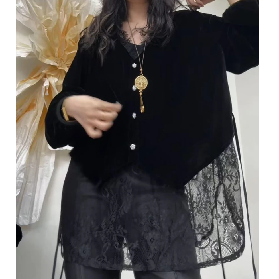 museguhui/木色古汇S7978#蕾丝气质时尚百搭黑色拼接丝绒上衣