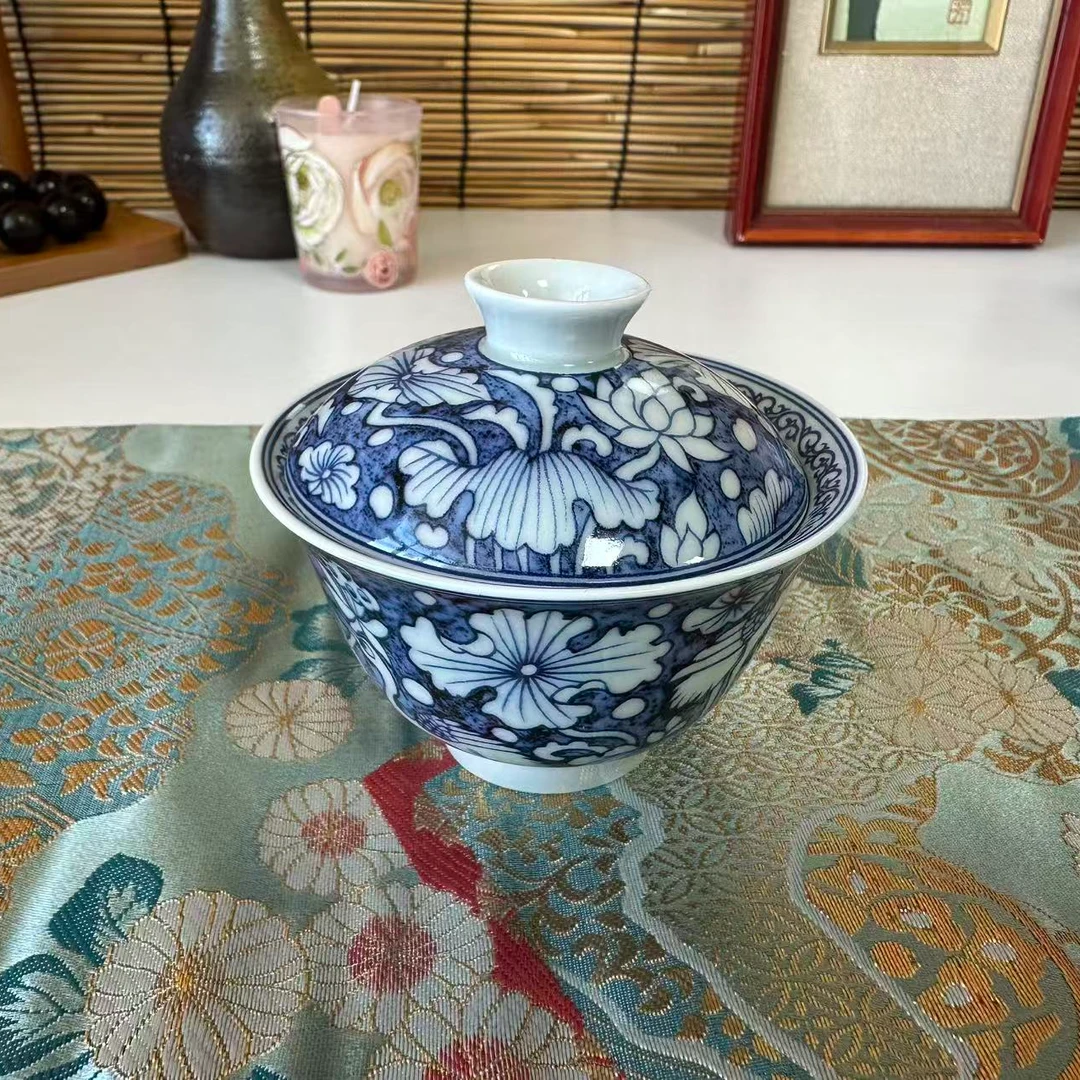 【方寸间-见川】鹭莲手工缠枝复古大中式盖碗盖碗陶瓷釉下彩瓷盖碗