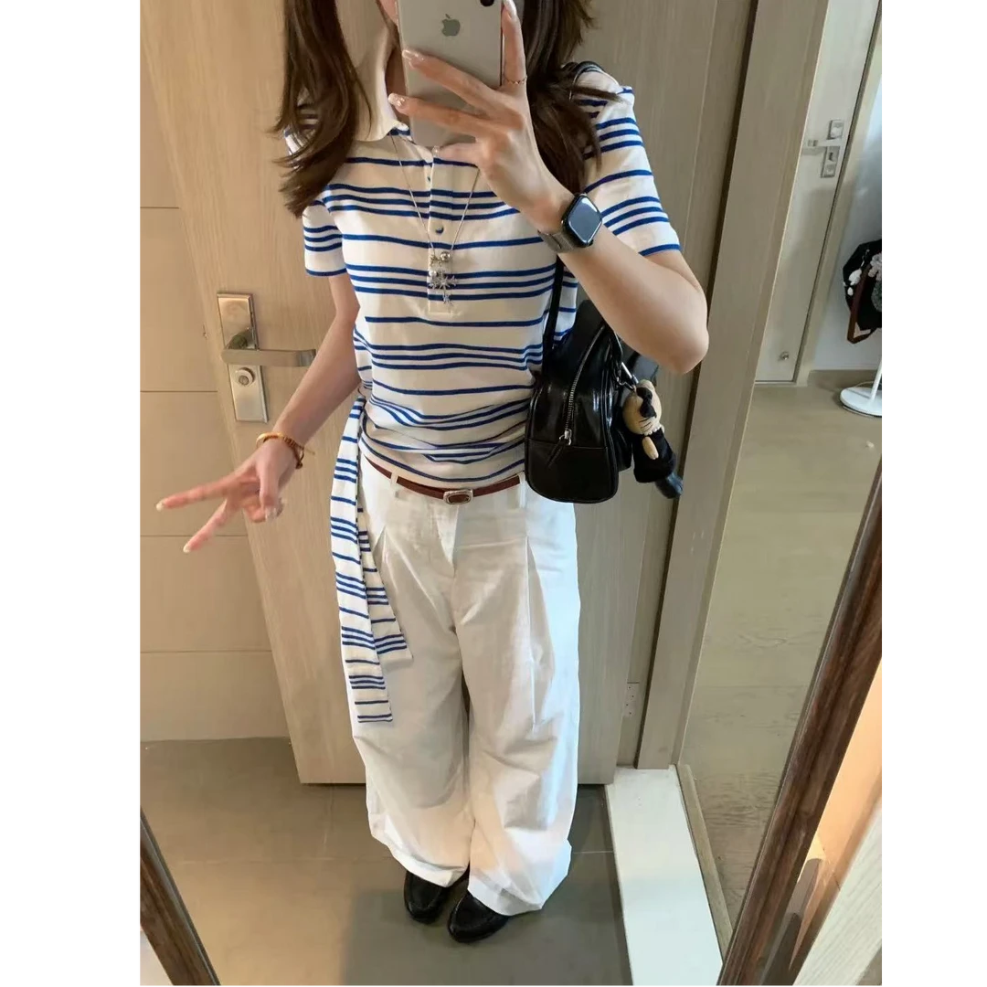 韩系撞色条纹POLO领正肩短袖t恤女夏设计感小众别致绑带短款上衣