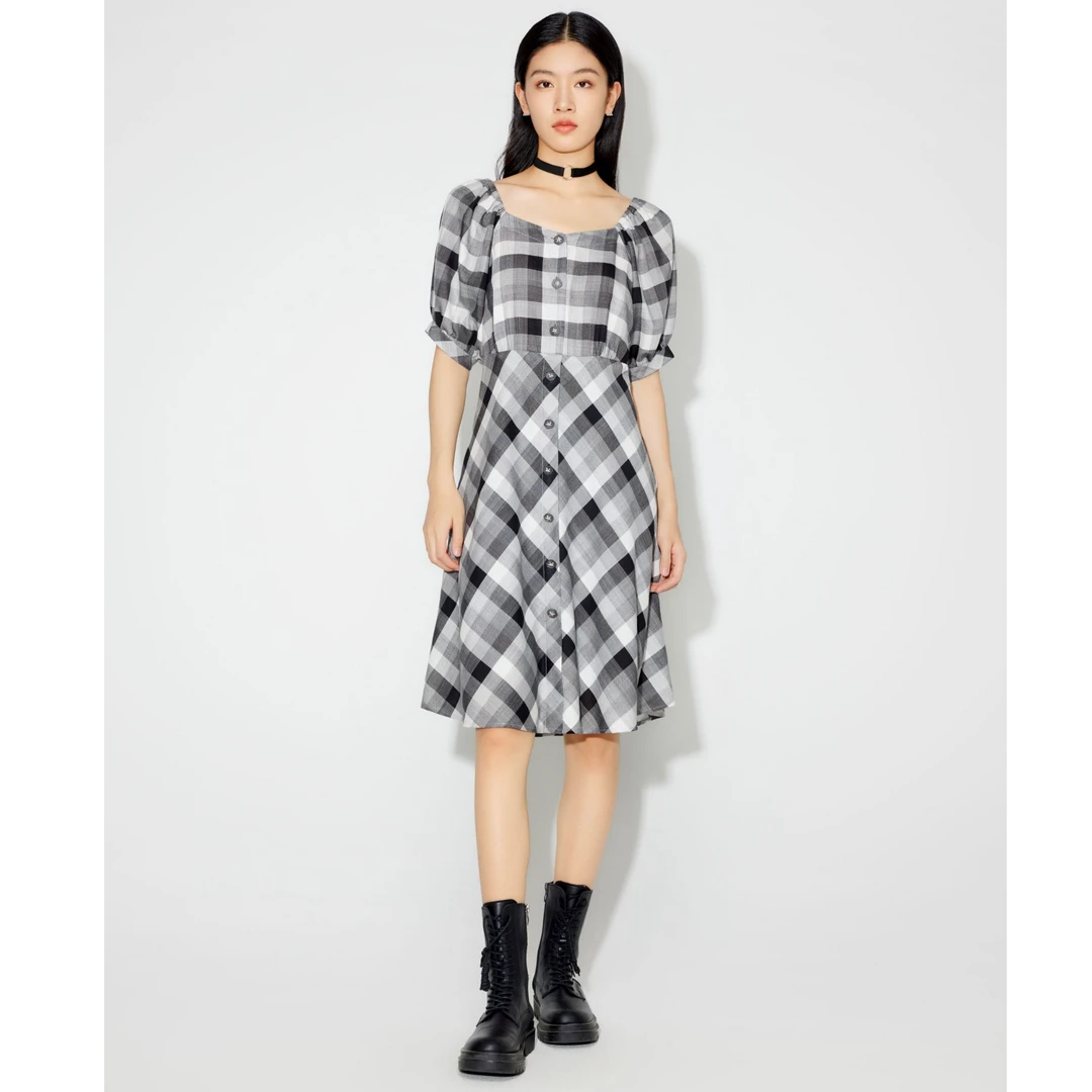 大方领格子裙子女短袖连衣裙162Y2316