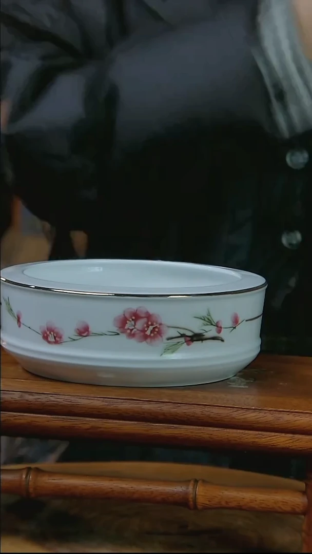 摆件陶水点桃花描金笔洗