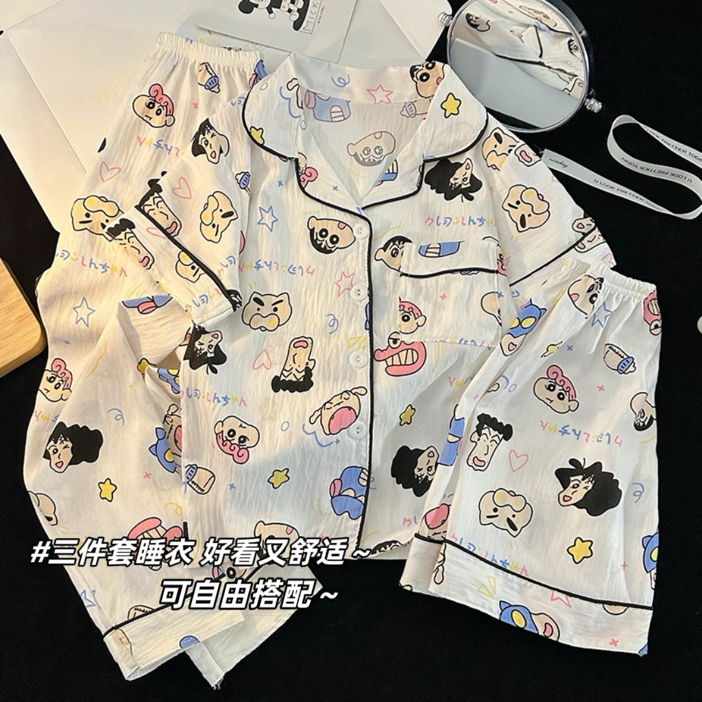 蜡笔小新儿童睡衣女童夏季云朵棉三件套短袖长裤中大童女孩家居服