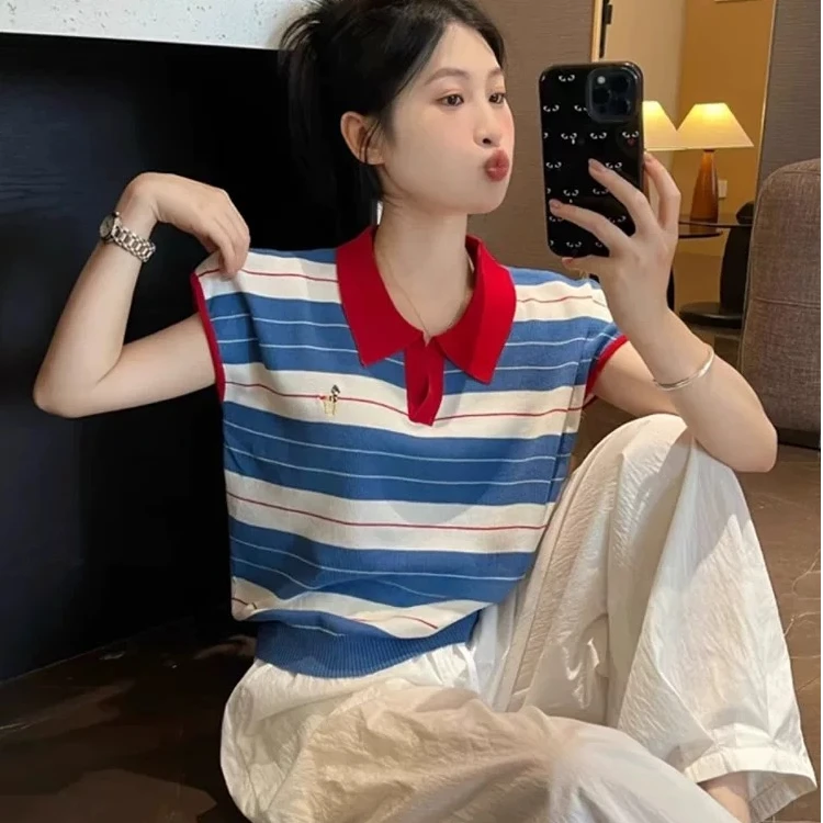 【退货补贴】韩系小狗刺绣polo领针织短袖夏小个子短款冰丝上衣