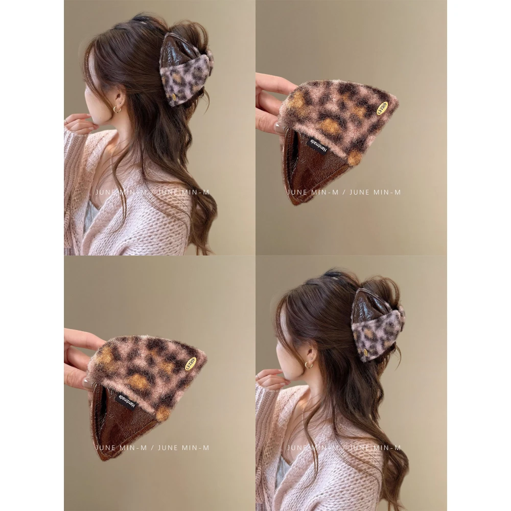 野性美学~韩系复古豹纹皮革拼接三角抓夹发量大后脑勺鲨鱼夹