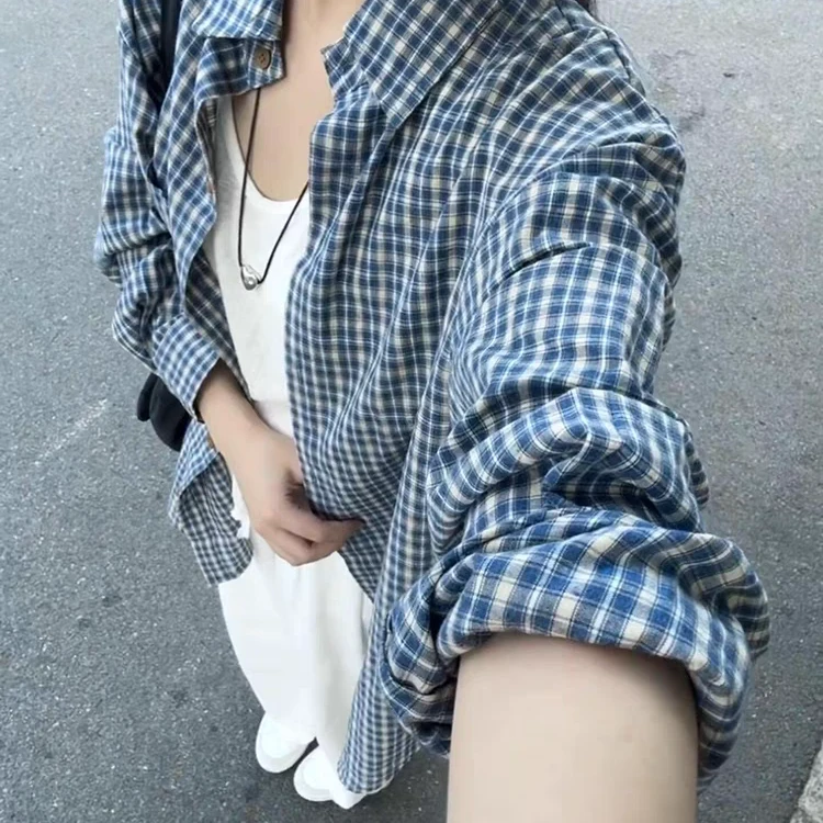 韩系格子衬衫女春秋新款百搭宽松慵懒风上衣外搭格纹衬衣外套