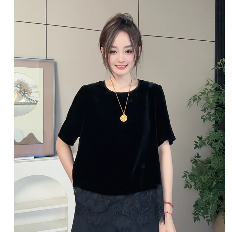 【珍珍新中式】【经典丝绒】蚕丝显瘦纯色百搭蕾丝夏季上衣S-12095