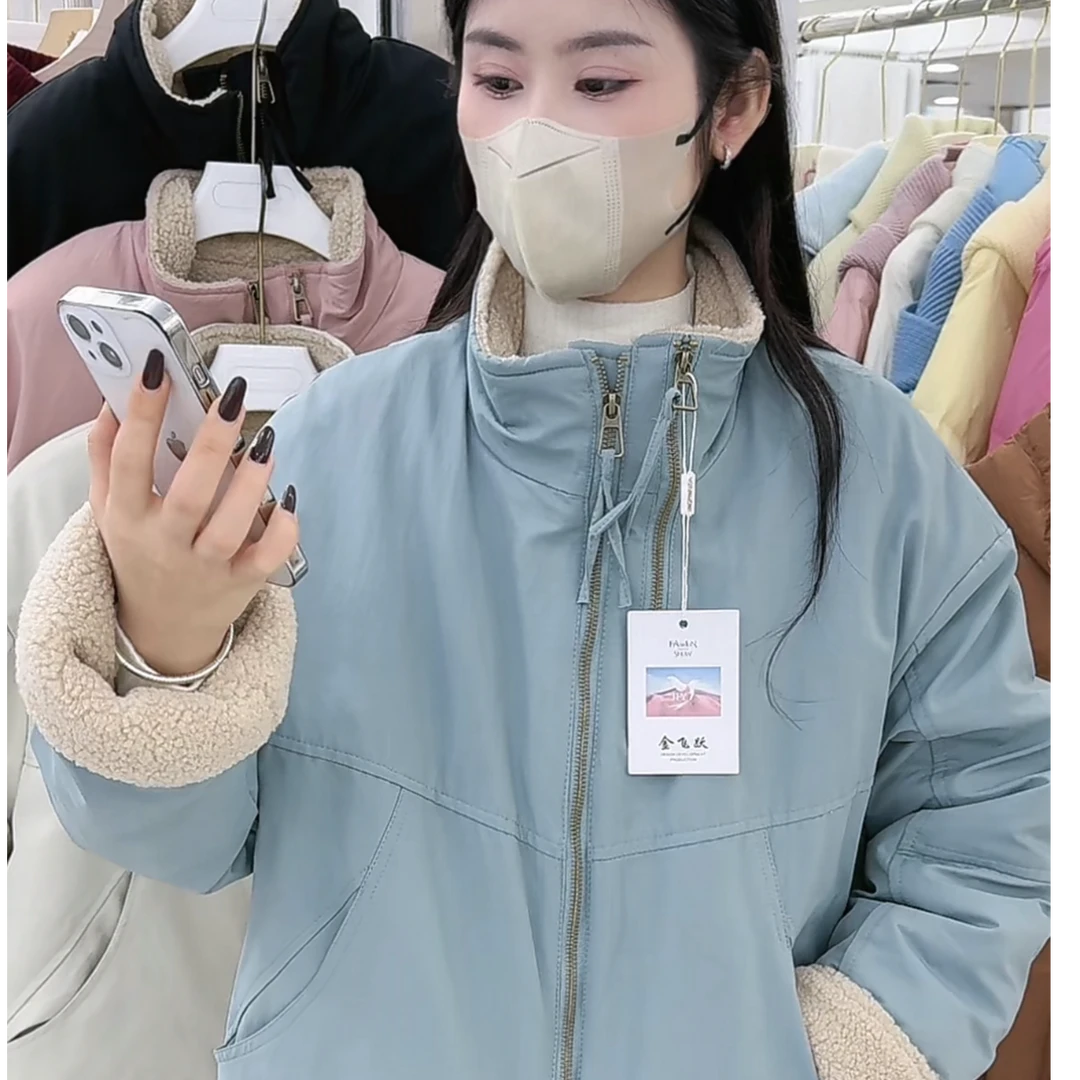 莎姐严选小个子韩版纯色双拉链加绒夹克外套616