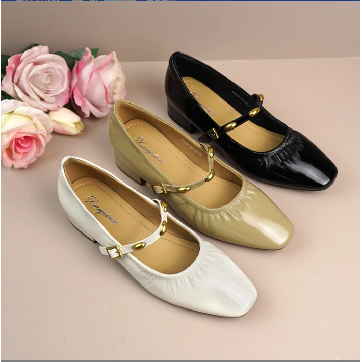 真皮牛皮浅口单鞋女新款简约金豆一字带粗跟女鞋858322