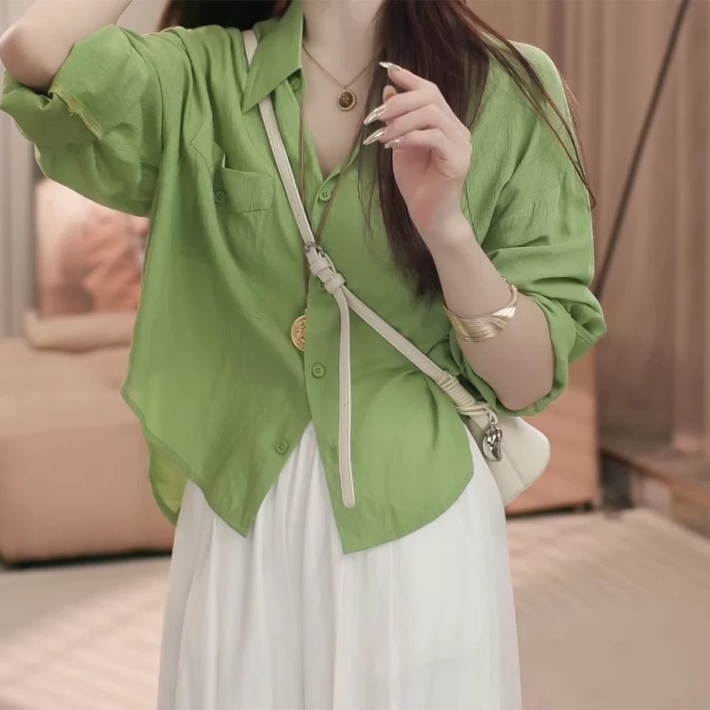 夏季新款长袖防晒夏季插肩袖衬衫口袋设计感衬衣C5355