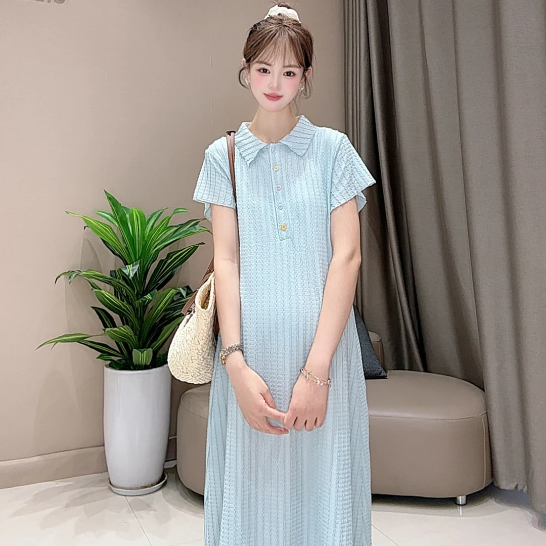 2025夏季新款孕妇连衣裙时尚洋气薄荷绿翻领短袖大码中长款孕妇裙