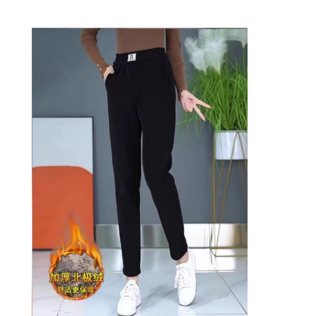 冬季女款加绒R标舒适外穿松紧高腰显瘦直筒时尚百搭小脚休闲裤