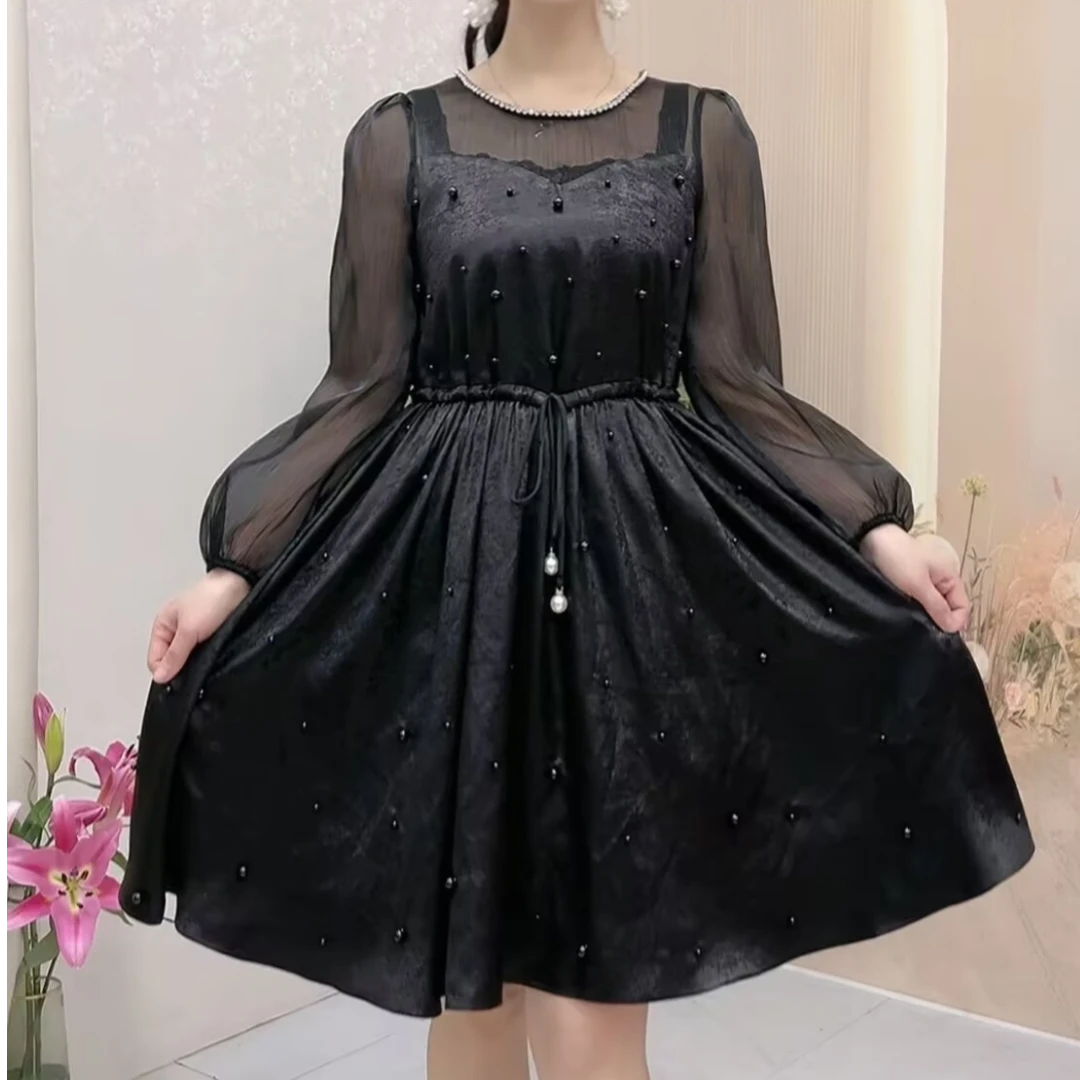 2025年新款钉珠气质时尚简约黑色可收腰显瘦九分袖连衣裙48006