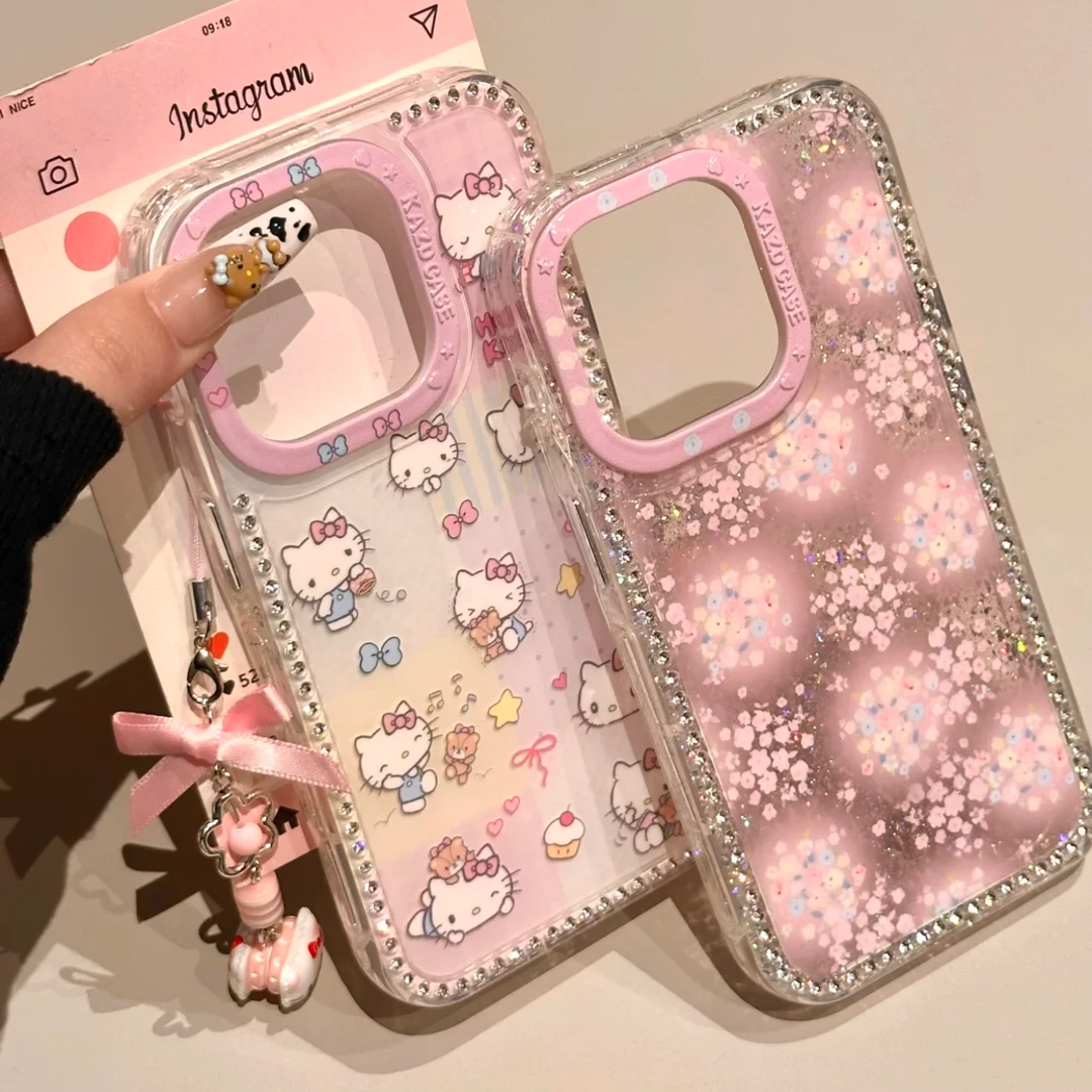 闪钻边框碎花kt猫咪挂件适用iPhone16Promax手机壳苹果15pro14/13
