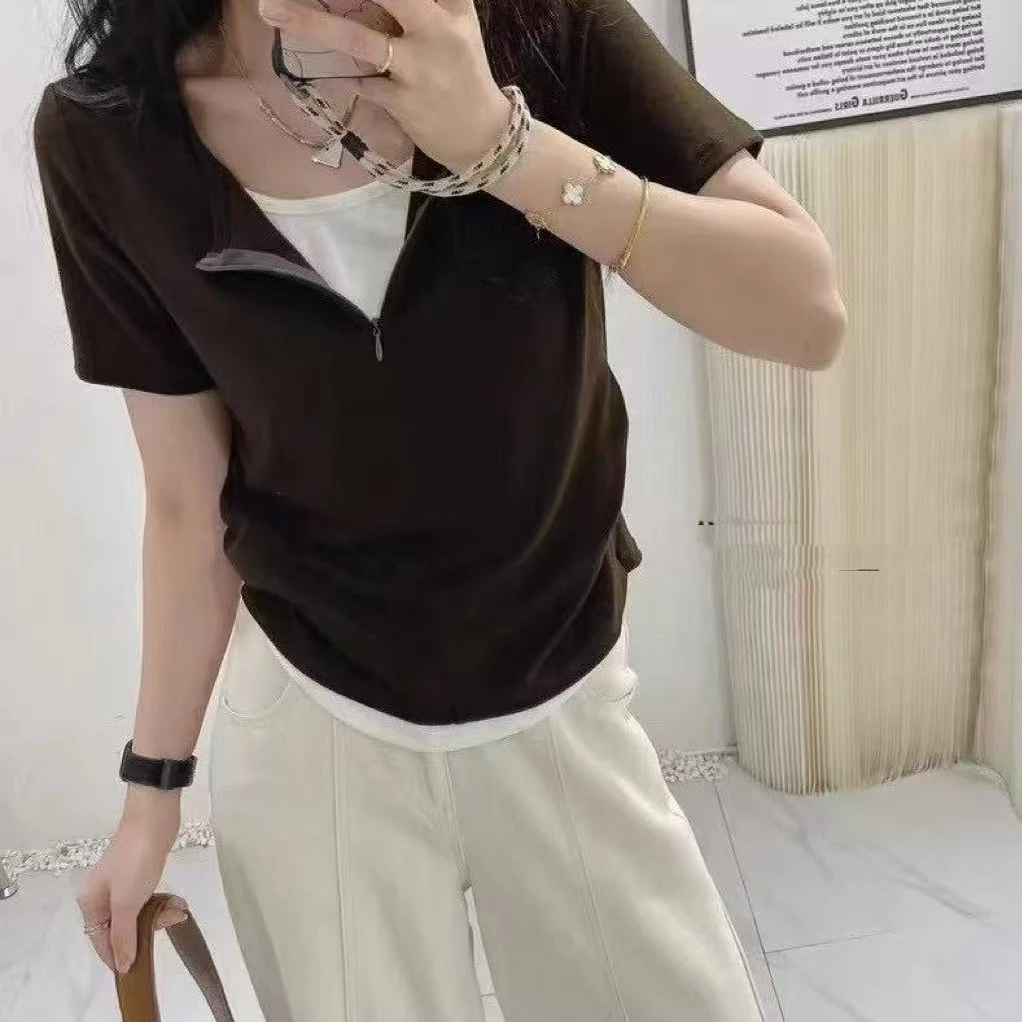 3039 夏季新款设计感假两件半胸拉链时尚百搭短袖t恤女