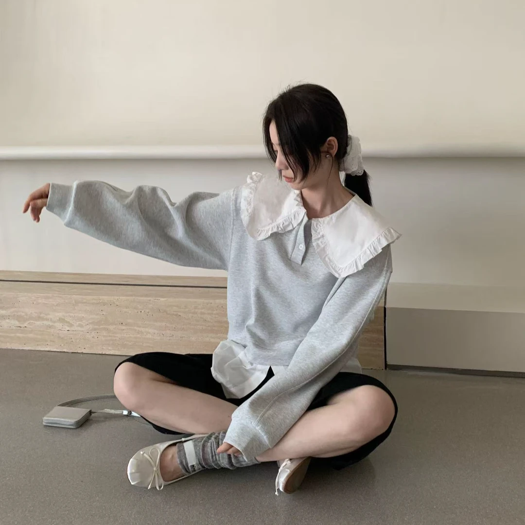 FUJIA STYLE韩版新款时尚荷叶领小清新套头卫衣E21012