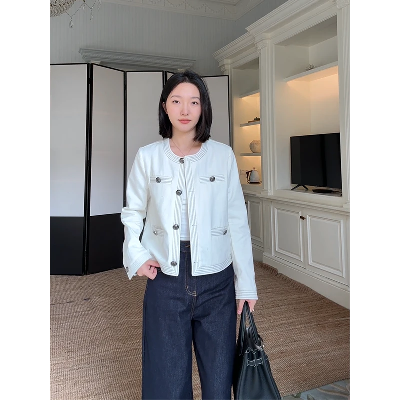 郭九九呢 100%棉帅气圆领撞色线牛仔外套阔腿牛仔裤 G925T13953