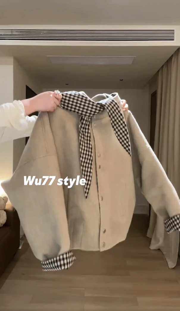 2025复古格纹可拆卸连帽披肩外套女秋冬加厚夹棉宽松百搭上衣潮