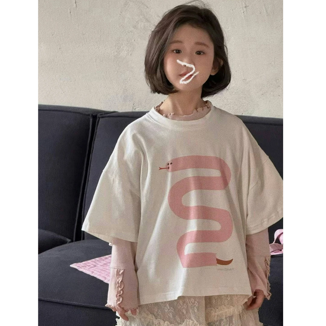 【苏舒童装】2025春夏季新款女童贪吃蛇卡通印花圆领短袖T恤25275