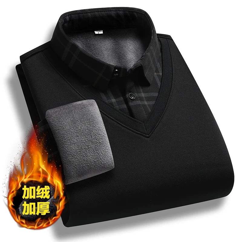 A48秋冬季假两件衬衫领毛衣男内搭针织打底衫加绒加厚保暖衣