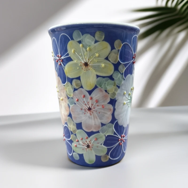 花满蹊设计师款繁花蓝色可乐杯仿古泥手工手绘咖啡杯茶水杯330ml
