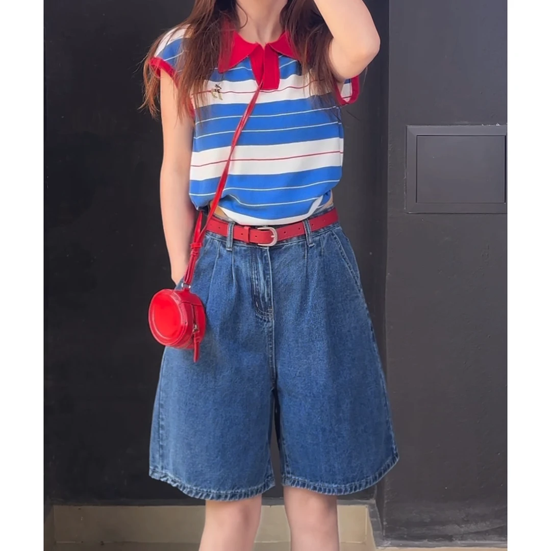 【送腰带】复古风高腰五分牛仔短裤女夏季2025新款宽松阔腿显瘦中裤