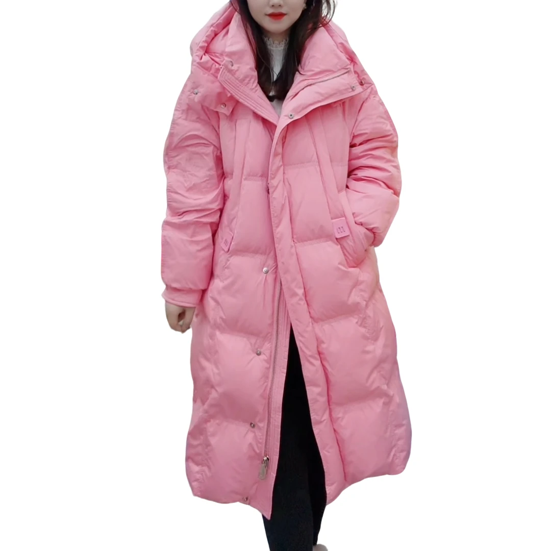 【洋玉服饰】冬季加厚轻奢糖果色国标90白鸭绒连帽过膝长款羽绒服