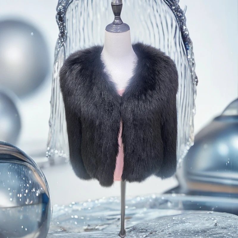 时尚女装百搭靓衣狐狸毛双面编织黑色短款外套