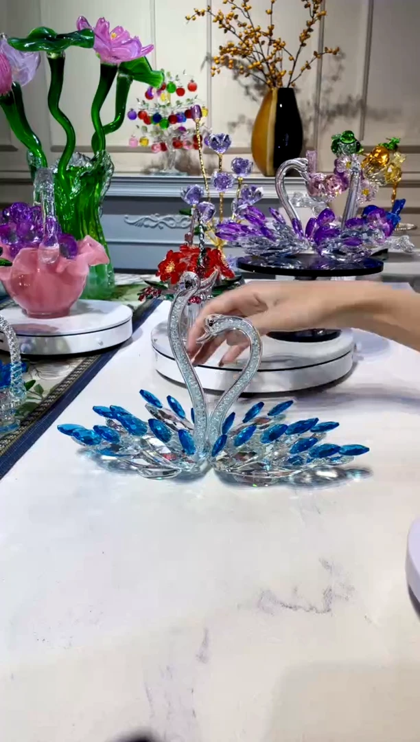 手工艺品琉璃蓝色水晶天鹅一对