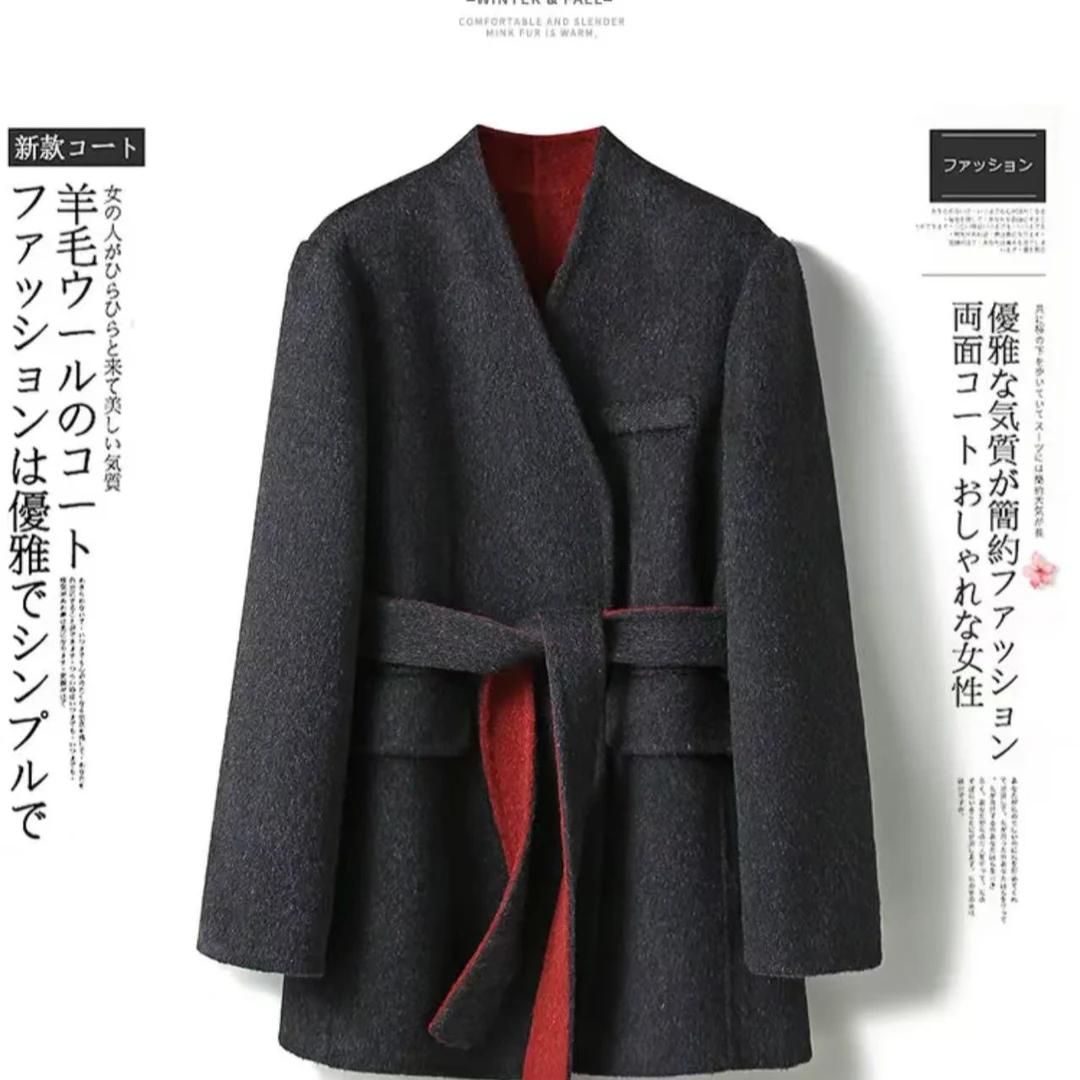 2025双色拼V领通勤腰带羊毛大衣气质时尚显瘦长袖百搭休闲带腰带