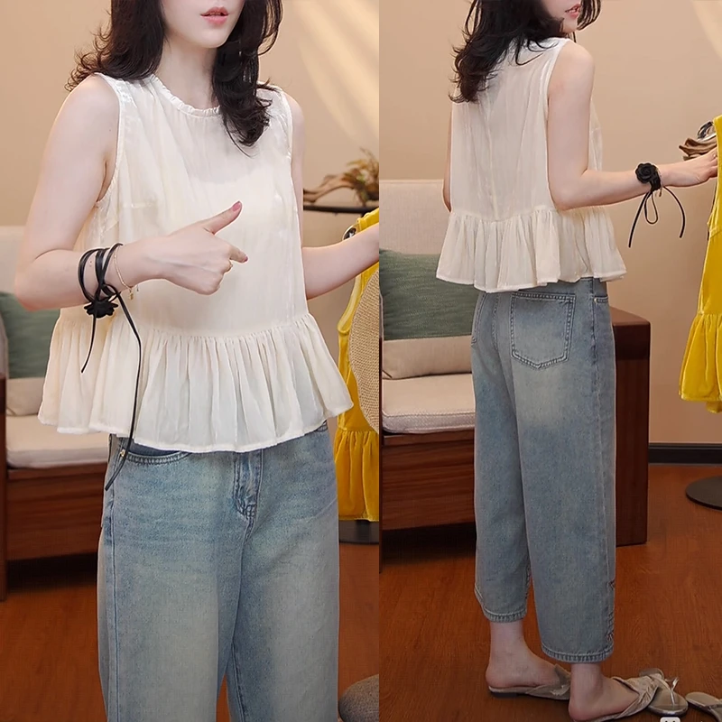韩系洋气时尚显瘦上衣女2025年夏季新款无袖百搭宽松遮肉小衫女