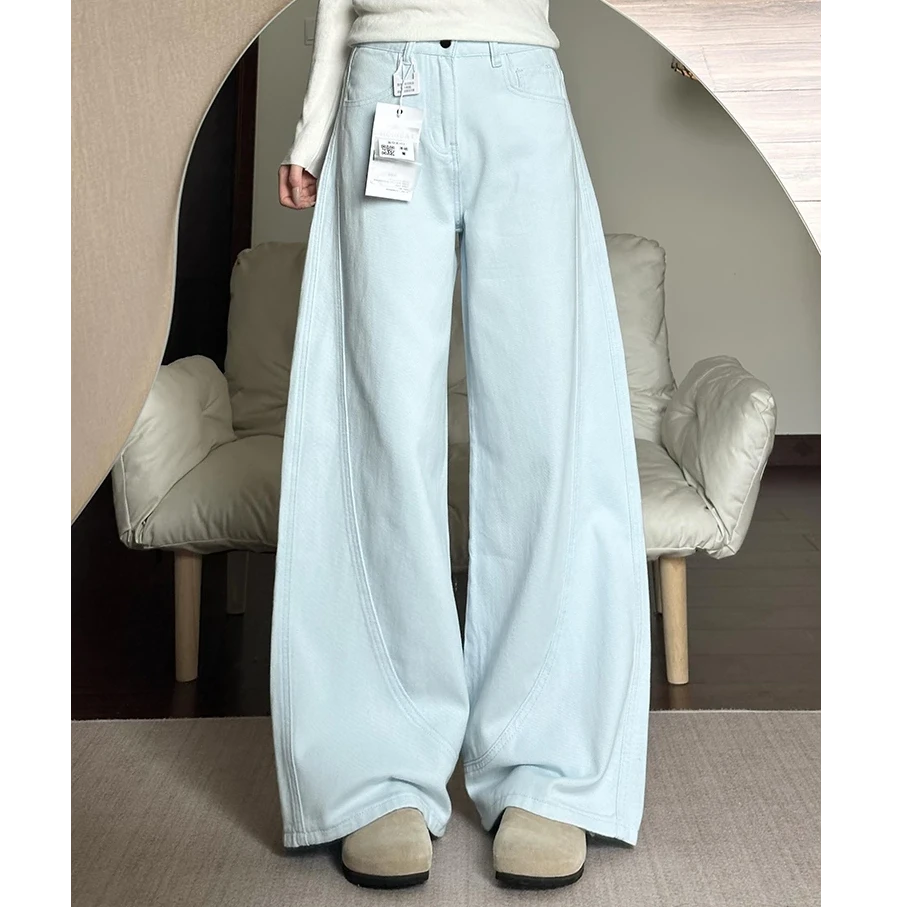 夏季新款天空蓝阔腿牛仔裤女小个子高腰垂感拖地裤2035