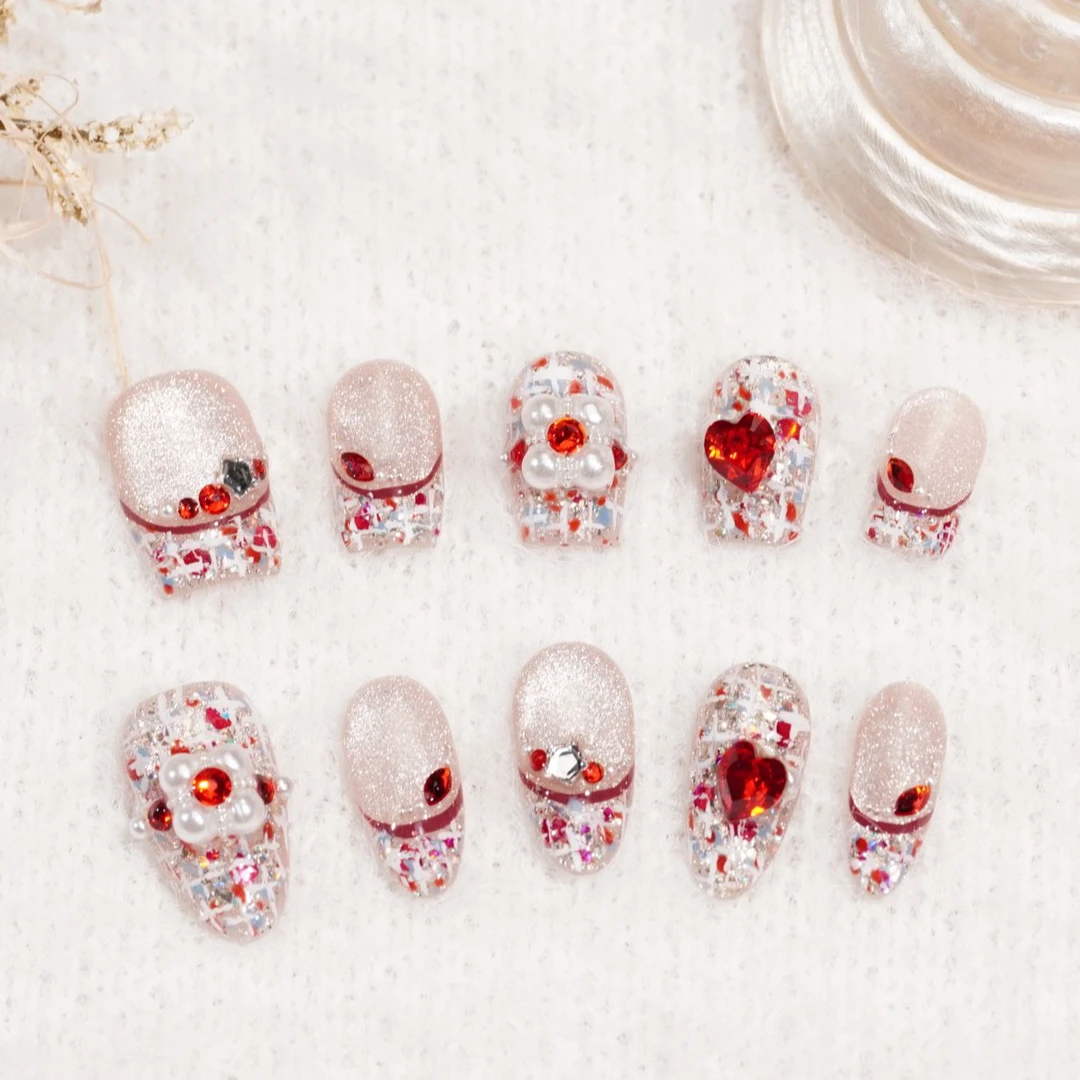 【桂月梦秋】施华洛简约短款红色手绘小香风全华系列新年显白穿戴甲