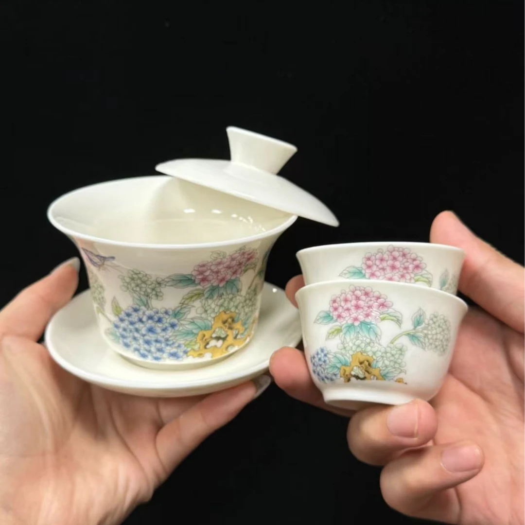 绣球花盖碗配两杯A13090