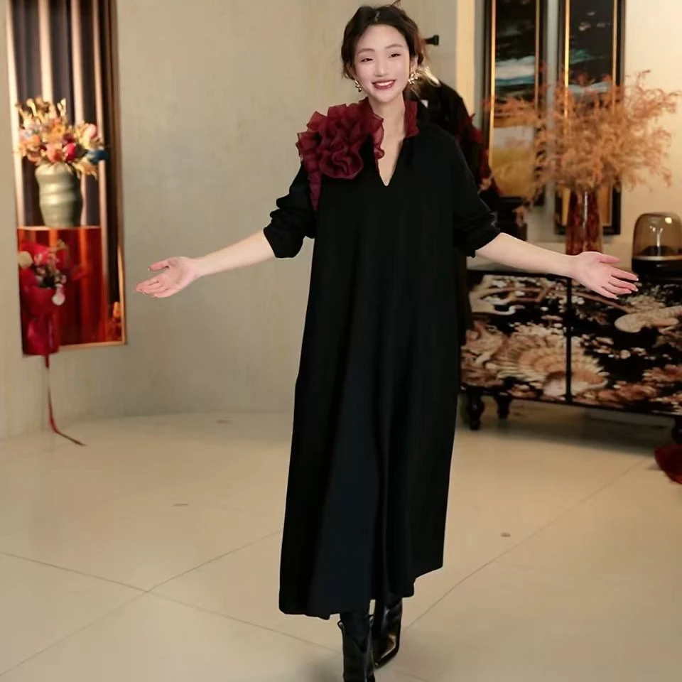 1809篱君春季新款复古花边连衣裙手工绕花原创设计感显瘦黑色裙子