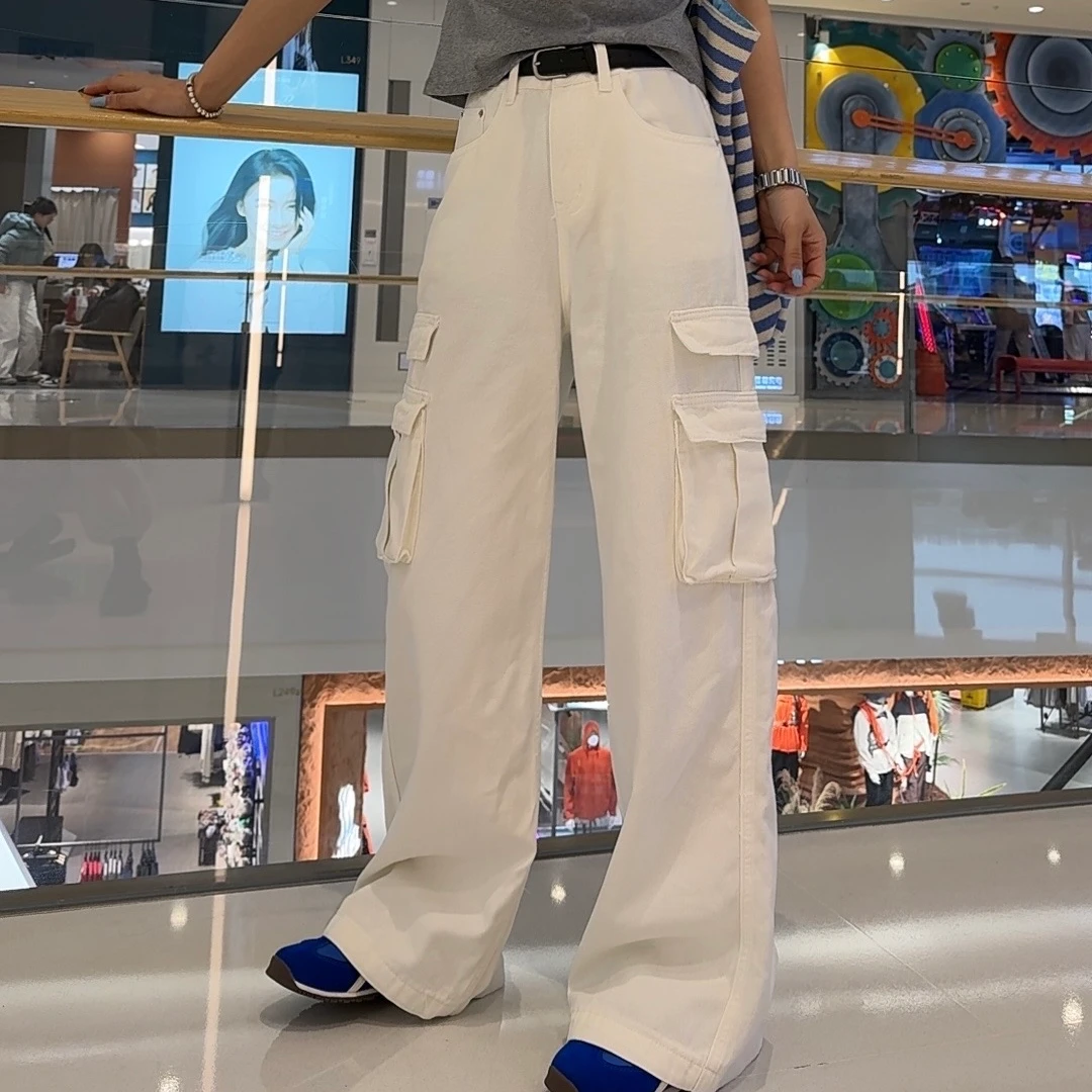 2025新款春夏款韩版减龄百搭休闲双口袋显瘦高腰阔腿工装牛仔女裤