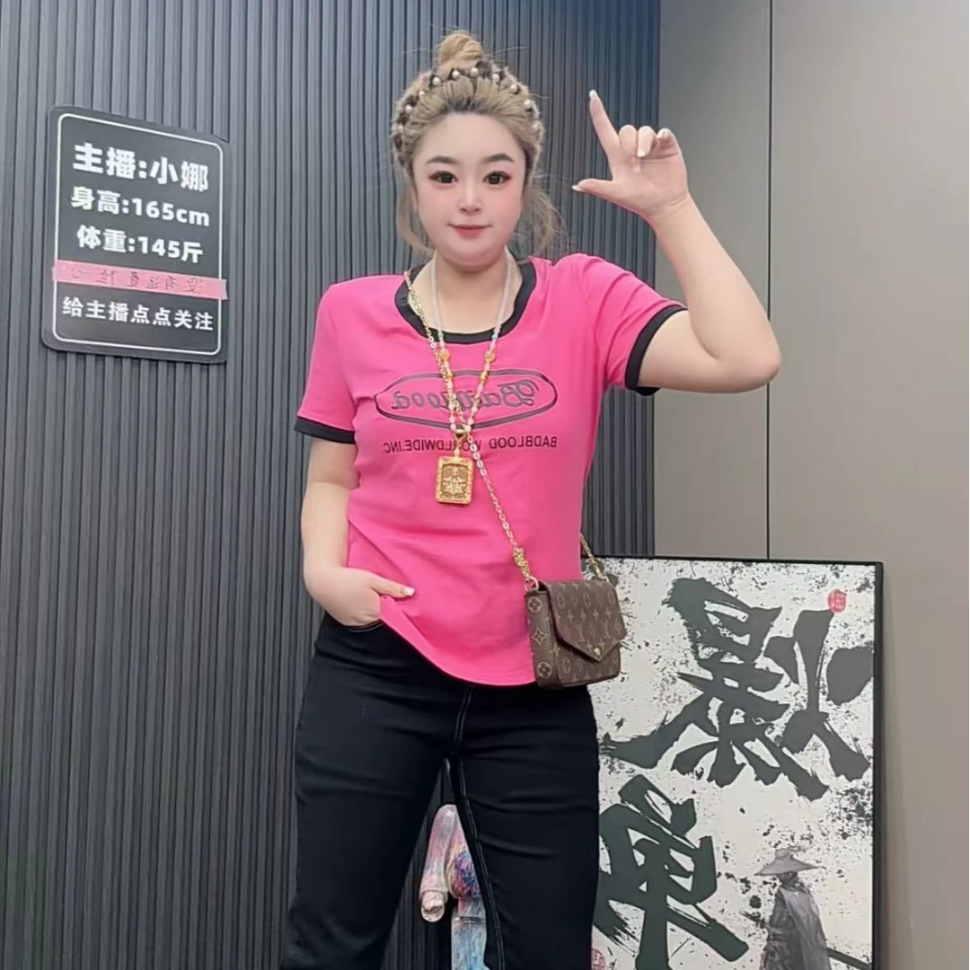 （小娜家）2025大码女装t恤复古港风洋气短袖胖妹妹设计感上衣25005